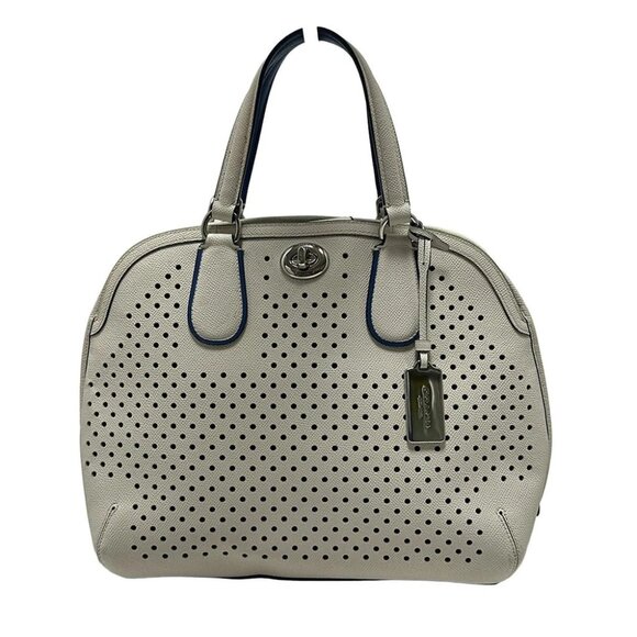 COACH Prince Street Satchel Perforated Leather Cream Blue Leather - - Picture 1 of 9